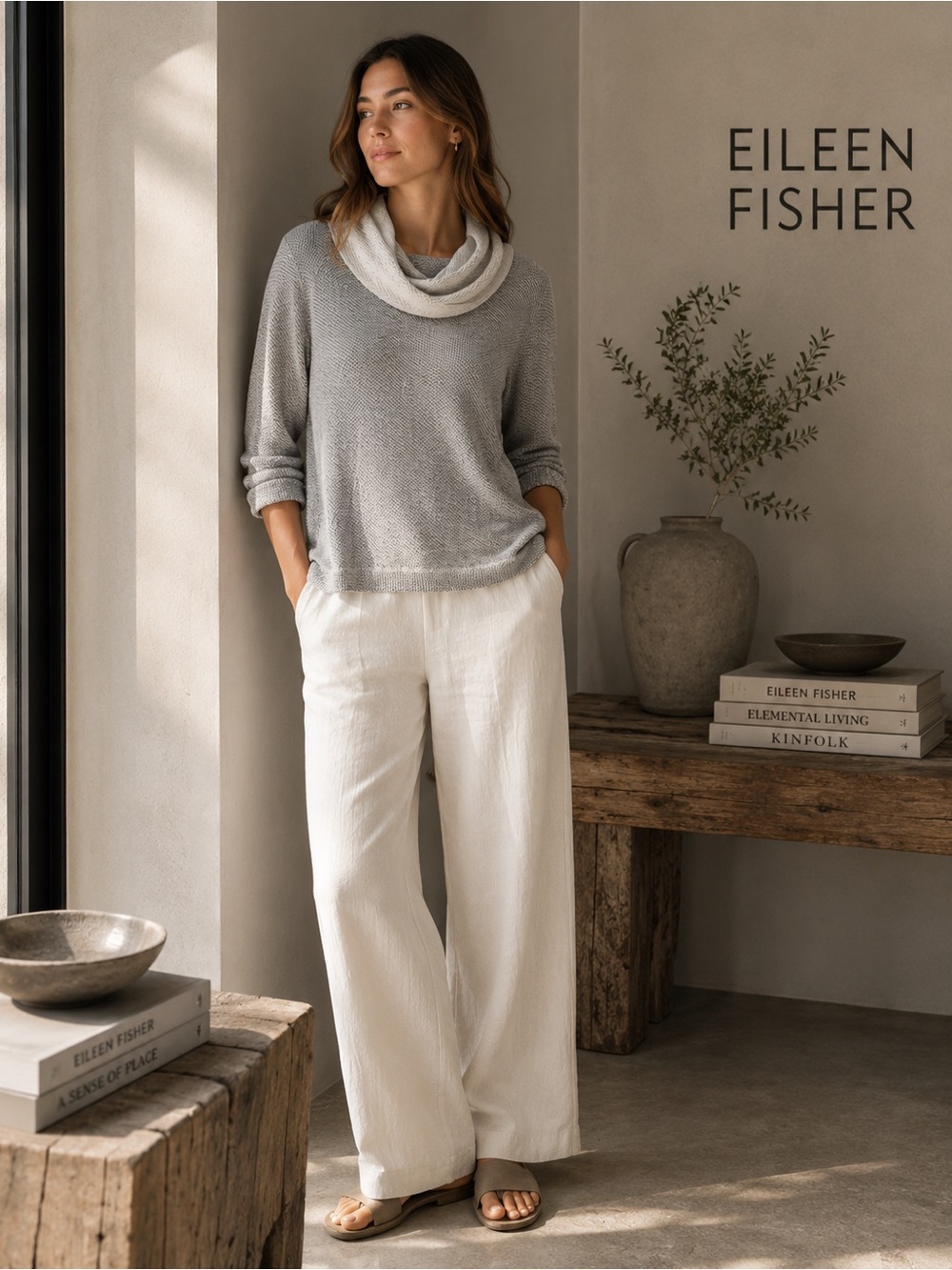 EILEEN FISHER Top Sweater LARGE 100% Organic Cotton Knit Cowl‎ Gray White R4TCT